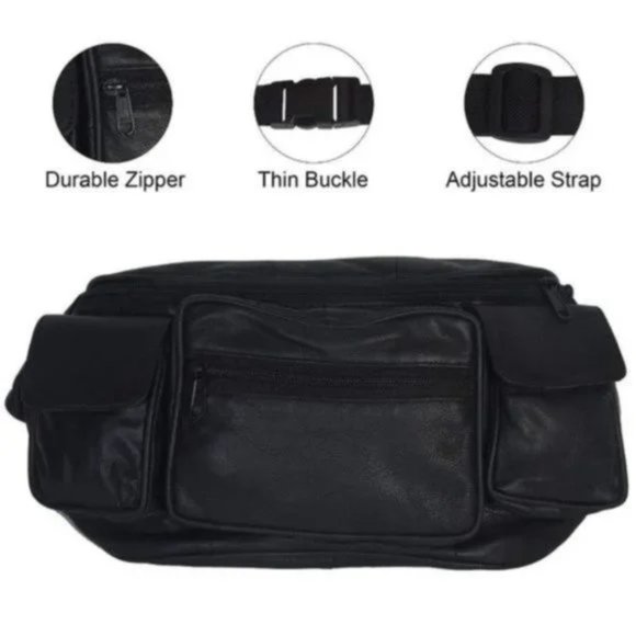 New Men's Genuine Leather Fanny Pack Black - Picture 5 of 9